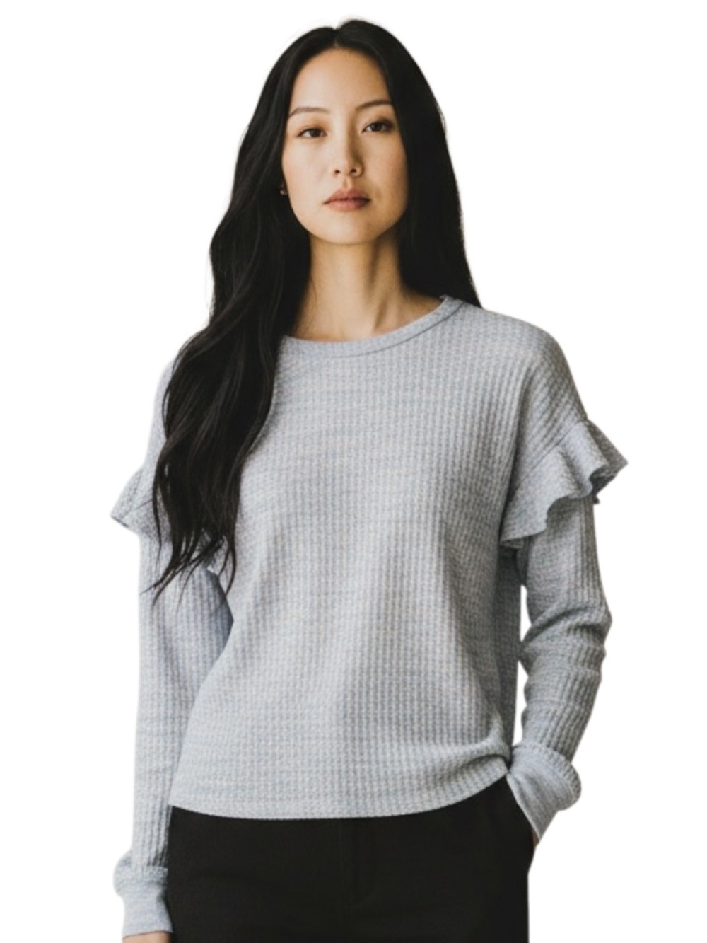 SO Light Gray Ruffle Shoulder Waffle Knit Pullover
